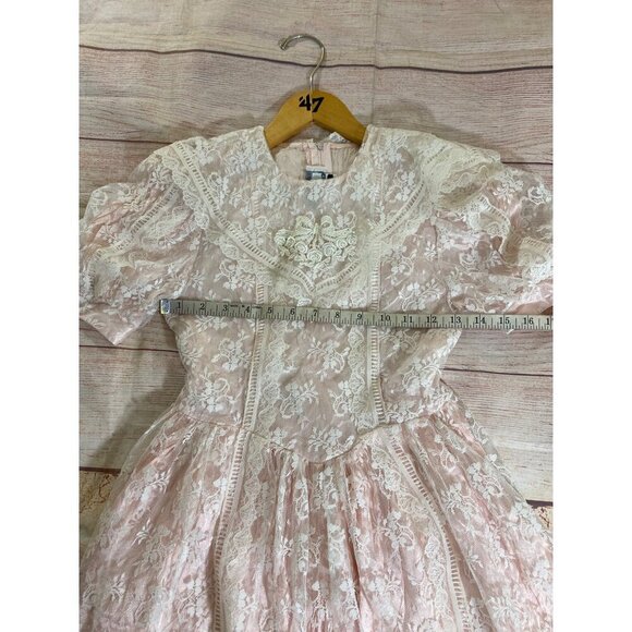 Vintage 80's Jessica McClintock Blush Pink Lace Short Sleeve Youth Dress - 8 - Picture 7 of 13